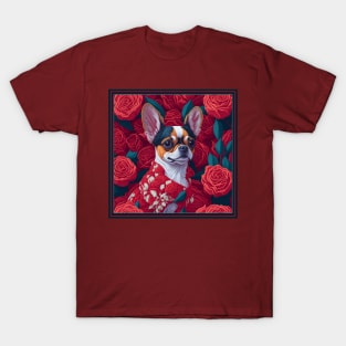 Dogs, Chihuahua and flowers, dog, seamless print, style vector (red version Chihuahua) T-Shirt